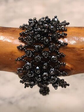 Handmade Hematite and black bead scrunch bracelet Button Clasp Boho Whimsy Goth